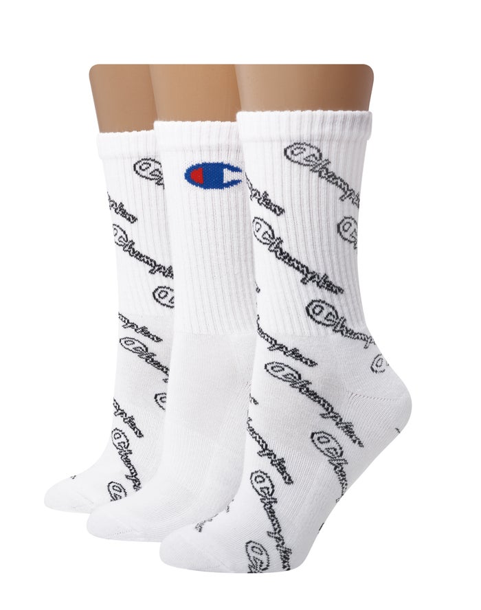 Champion Womens Socks NZ - Crew Script Logo 3-Pairs White ( 9142-LFEQY )